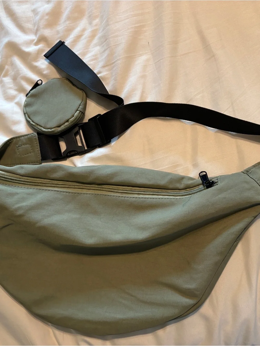 Olive Green Oversized Nylon Sling Crossbody Bag with Pouch